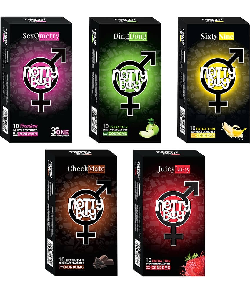 NottyBoy Variety Pack 3 IN1 Ribbed, Dotted, Contour, Banana, Chocolate, Strawberry and Fruit Flavour - 50 Units