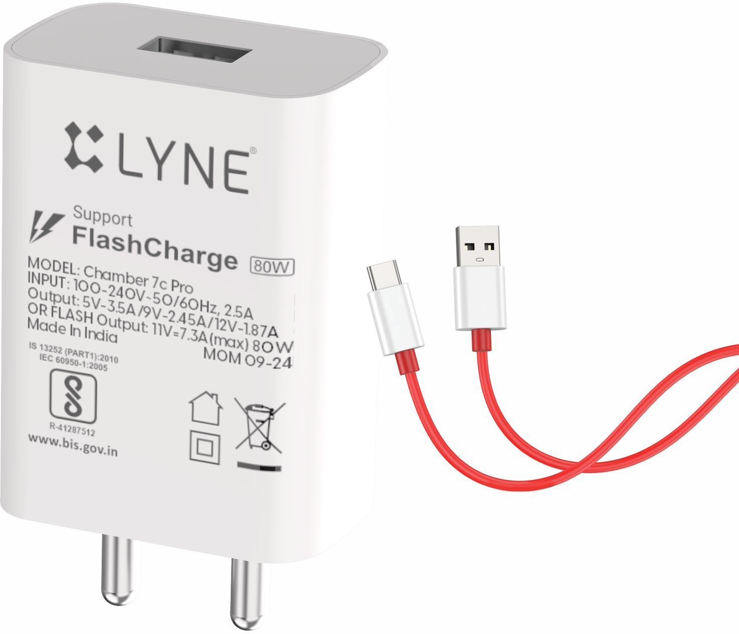 LYNE By U&I 80 W Quick Charge 7 A Wall Charger for Mobile with Detachable Cable  (White, Cable Included)