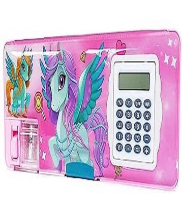 Double-Sided Plastic Pencil Box/Case with a Geometry Calculator/Calci and Dual Sharpener for Kids/Best Stationary Gift Items for kids (Pack of 1)