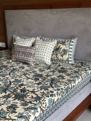 KRI India Bloom Beautiful Chaos Budget Bedsheet Set| Peacock Darbar | Grey & Brown  | 100x102 inches  | Wash & Care | 100% Cotton | Handcrafted in India. 100% organic & natural.