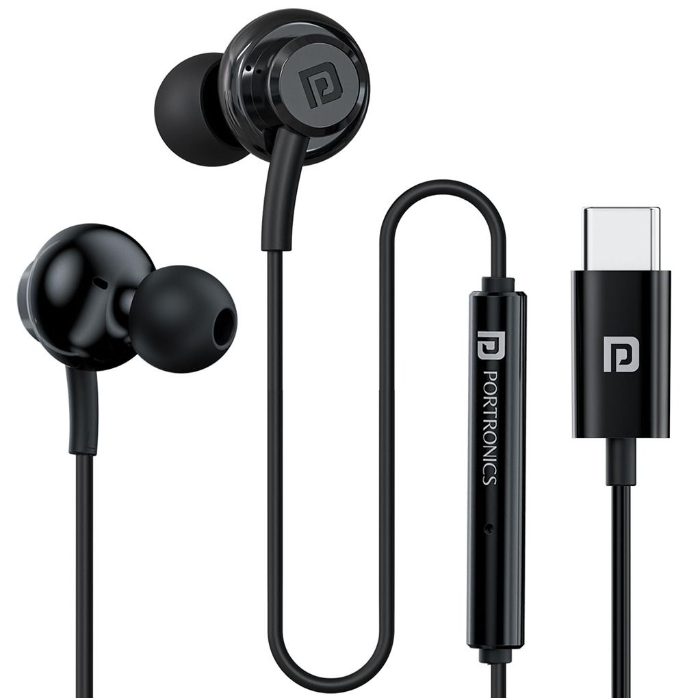 Portronics Conch Gamma C in Ear Type C Wired Earphones with in Line HD Mic & Magnetic Earbuds (Black)