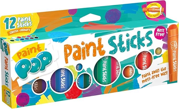 Paint Pop 12 Assorted Paint Sticks – Classic Colours | Mess-Free, Twist-Up Solid Paint Crayons for Kids