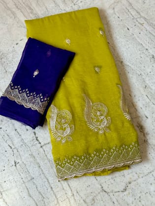 Latest Crunchy Chiffon Silk Embroidery n Cut Work Partywear Fancy Designer Saree With Blouse-Mustard