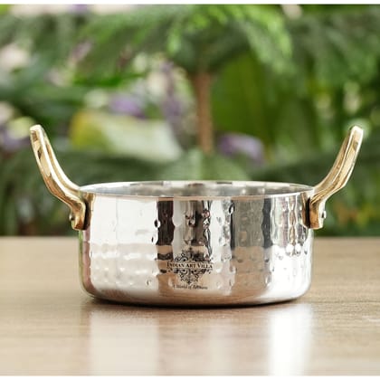 Stainless Steel Serving Bowl with Brass Handles, Hammered Design, Ideal Small Serving Bowl for Curry, Dal and Sides – Elegant Tableware for Home & Restaurant Use-400ML