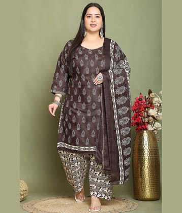 Rajnandini Cotton Blend Printed Kurti With Palazzo Women's Stitched Salwar Suit - Brown ( Pack of 1 )