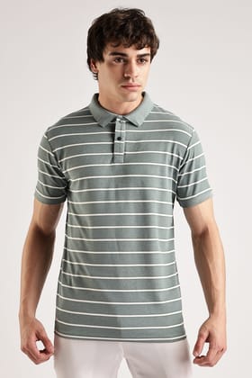 Pollycotton Olive Striped Polo