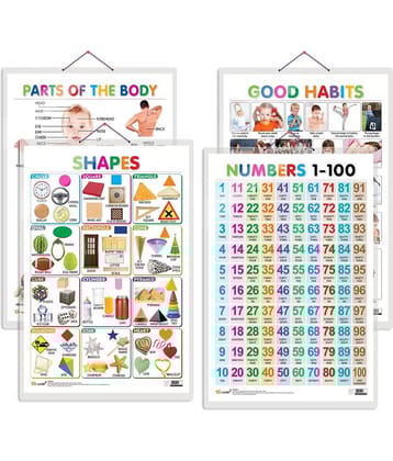 Set of 4 Shapes, Parts of the Body, Good Habits and Numbers 1-100 Early Learning Educational Charts for Kids | 20"X30" inch |Non-Tearable and Waterproof | Double Sided Laminated | Perfect for Homeschooling, Kindergarten and Nursery Students