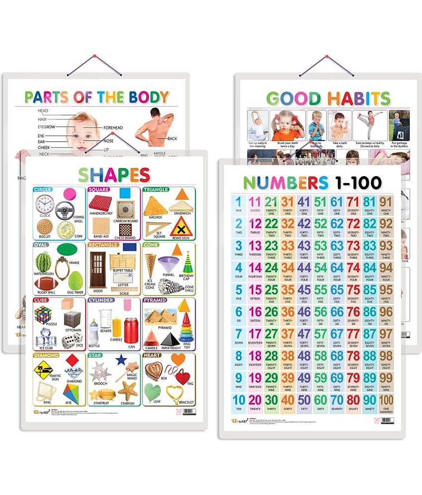 Set of 4 Shapes, Parts of the Body, Good Habits and Numbers 1-100 Early Learning Educational Charts for Kids | 20"X30" inch |Non-Tearable and Waterproof | Double Sided Laminated | Perfect for Homeschooling, Kindergarten and Nursery Students
