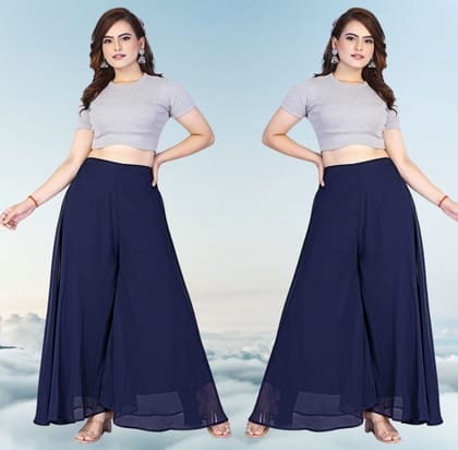 Generic Women's Georgette Solid High-Rise Wide Leg Flared Palazzo Pants with Elastic Waist, Ankle Length Trousers for Daily, Office and Casual Wear (Navy Blue, XL, Pack of 2, Design 67544) Generic Women's Georgette Solid High-Rise Wide Leg Flared Palazzo Pants with Elastic Waist, Ankle Length Trousers for Daily, Office and Casual Wear (Navy Blue, XL, Pack of 2, Design 67544)