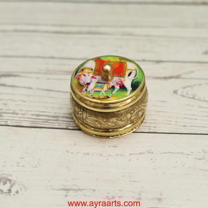 Brass Handcrafted Cow Meena Design Sindoor Dibbi Kumkum Box Fancy Box Round - 2 Inch Length
