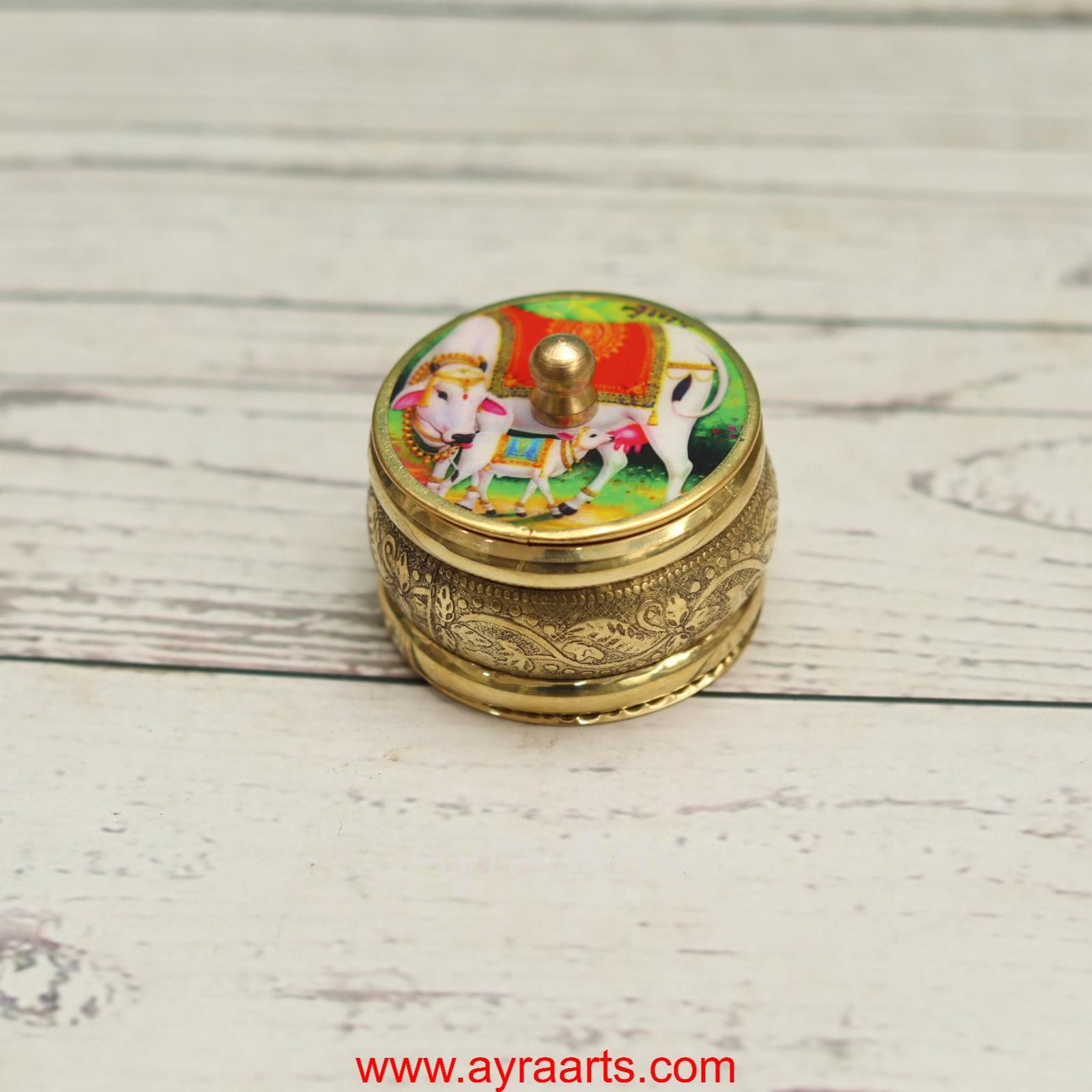 Brass Handcrafted Cow Meena Design Sindoor Dibbi Kumkum Box Fancy Box Round - 2 Inch Length