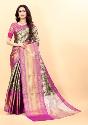 Yavira silk Women's Black Floral Poly Silk Saree