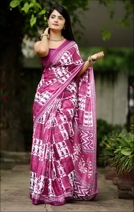 Handicraft Ladies Ikat Block Print Pure soft Cotton Sari With Blouse Piece-Pink