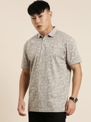 Grey Printed Polo T-shirt-L