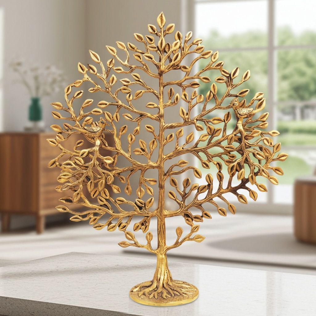 Brass Tree Statue with Round Base - Premium Home Decor Showpiece, Height : 20.5 Inch (BSMAS1295 E)