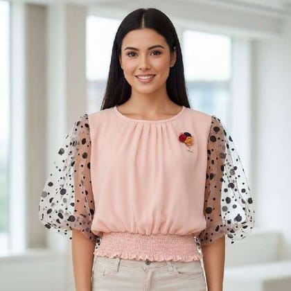 Pink Polka Dot Puff Sleeve Smocked Top