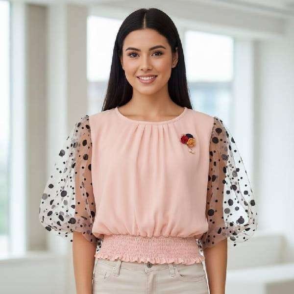 Pink Polka Dot Puff Sleeve Smocked Top
