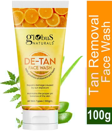 Globus Naturals De Tan Face Wash, Enriched with Neem & Aloe Vera, Tan Removal, 100 ml