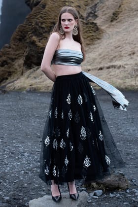 SILVER AND BLACK APPLIQUE MAXI SKIRT SET-L / XXS
