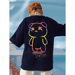 Leotude Navy Printed Cotton Blend Round Neck Half Sleeve T-Shirts For Womens