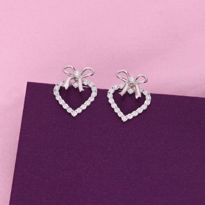 Sterling Silver Mimalistic Heart Bow Stud Earringd-White Stone / Silver