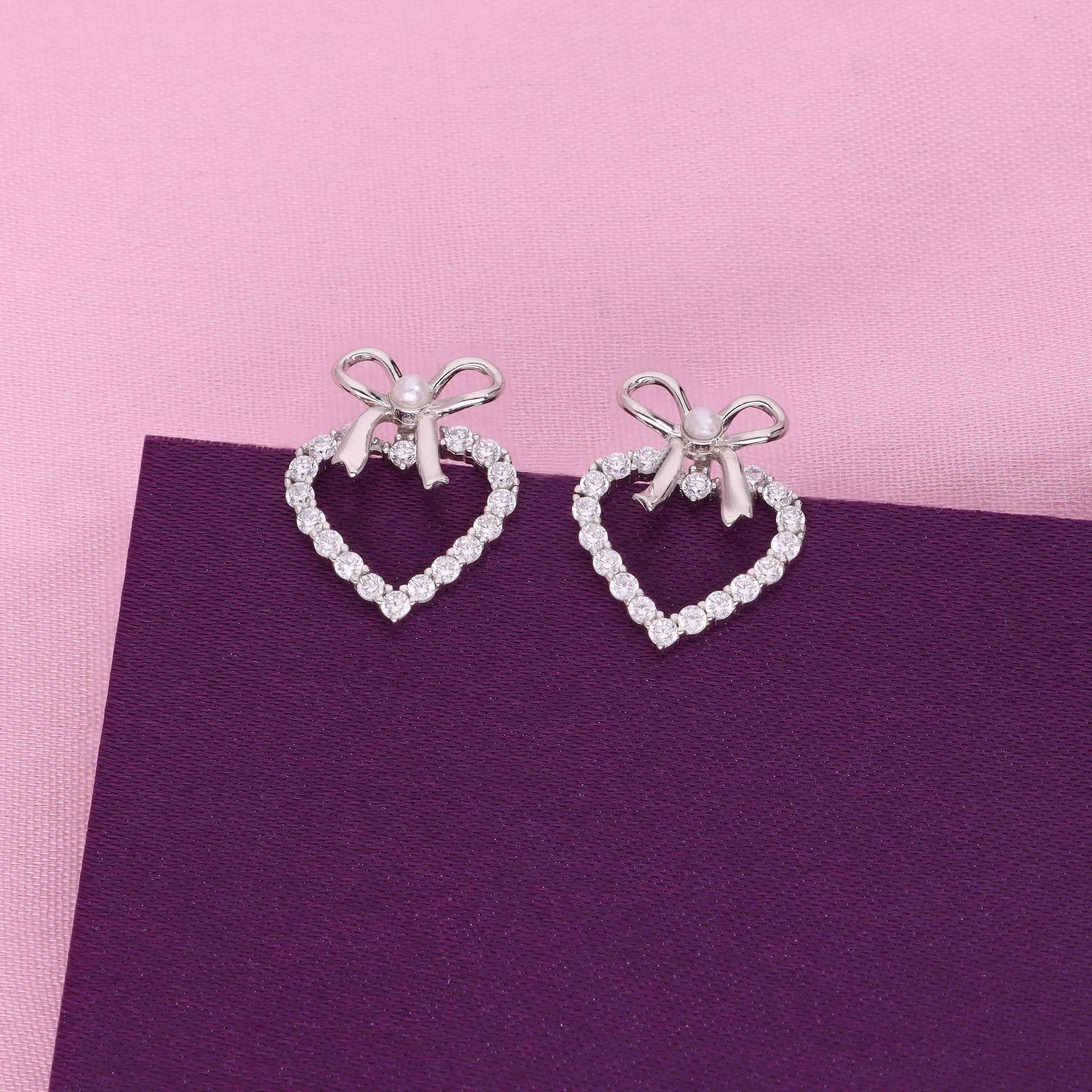 Sterling Silver Mimalistic Heart Bow Stud Earringd-White Stone / Silver
