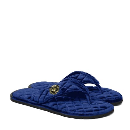 Women V-Strap Blue Full Quilted Soft Italian Velvet Slippers By Brune & Bareskin-36/3