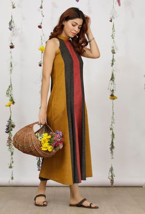 Olive Khadi Cotton Flared Halter Neck Sleeveless Dress-XS