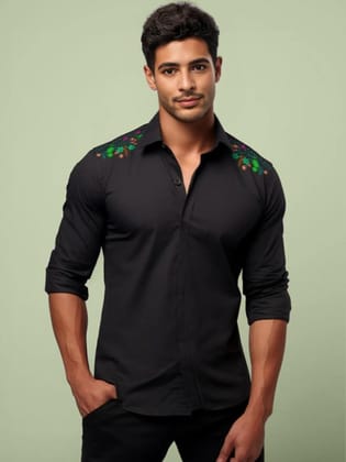 Black Conversational Printed Casual Shirt-BLACK / S