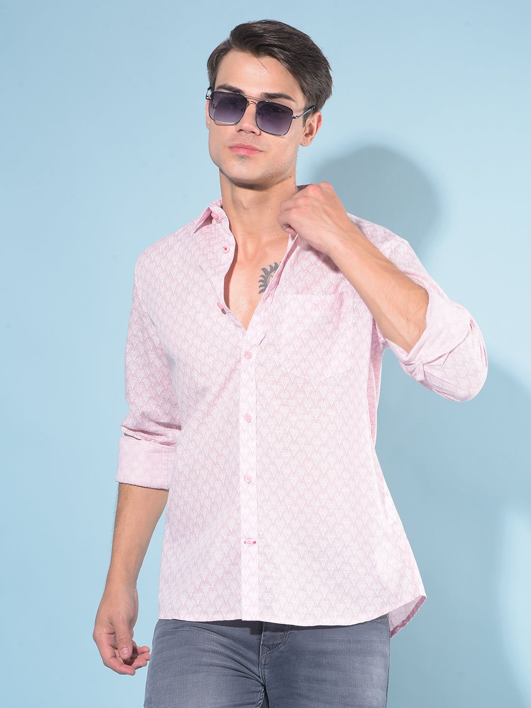 Pink Printed 100% Cotton Shirt-S / Pink