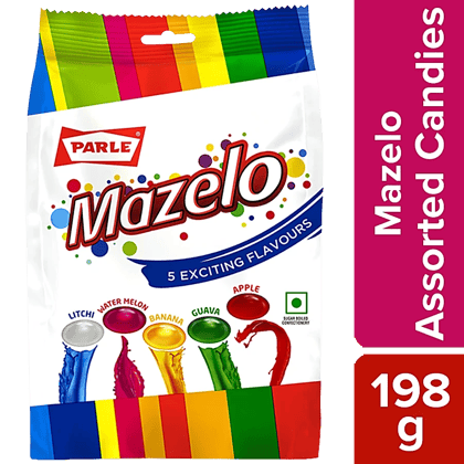 Parle Mazelo Assorted Candies - Litchi, Watermelon, Banana, Guava & Apple, 198 G