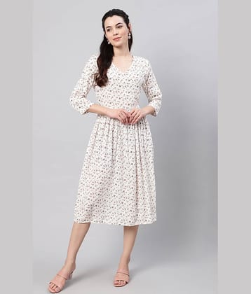 Flamboyant Women Cotton Printed Fit & Flare Dress ( White )
