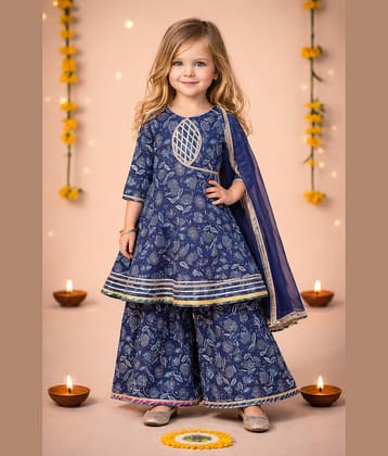 Arshia Fashions Girls Cotton Blend Kurti with Sharara ( Pack of 1 , Blue )