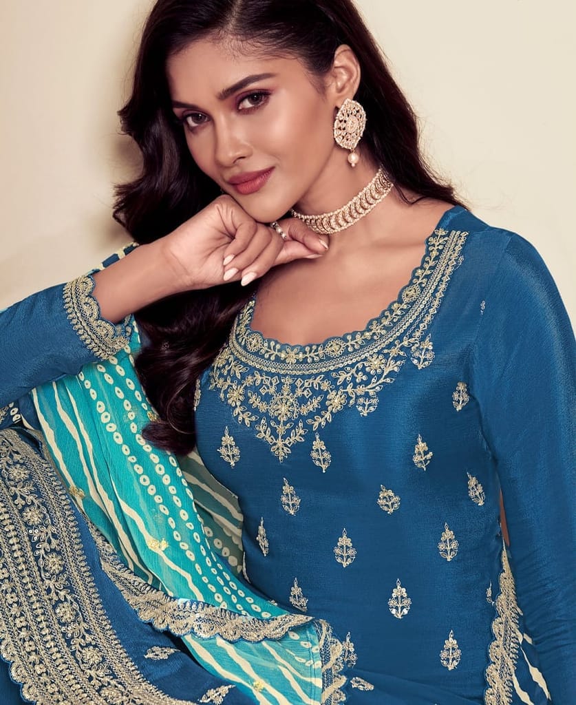 designer blue chinon straight suit for women ethnic wear