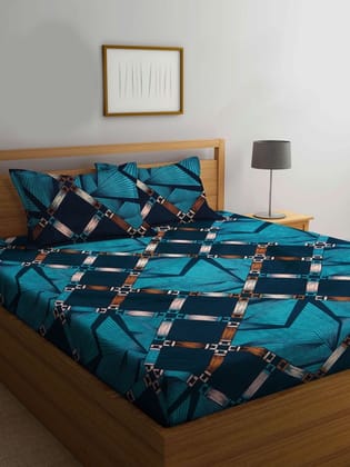Bookfold Navy Blue & Teal Geometric Printed 300 TC King Bedsheet & 2 Pillow Covers