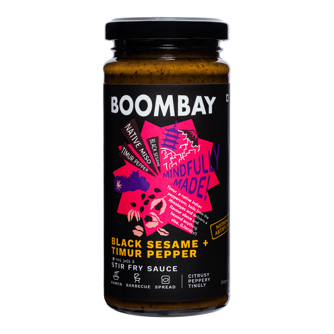 BOOMBAY Black Sesame + Timur Pepper Stir Fry Sauce - Use it in your Sandwich or as a Dip, with Noodles or Burgers, Marinade for BBQ, 250 gm