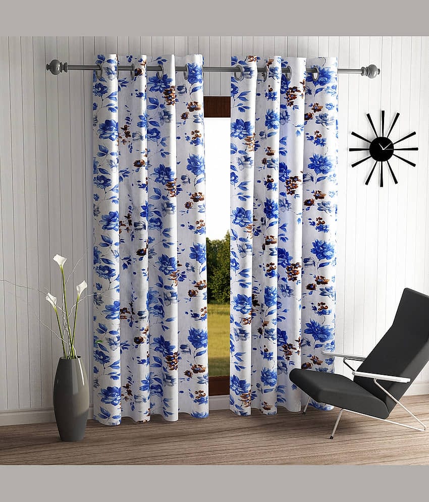 Home Sizzler Set of 2 Long Door Semi-Transparent Eyelet Polyester Blue Curtains ( 274 x 116 cm )
