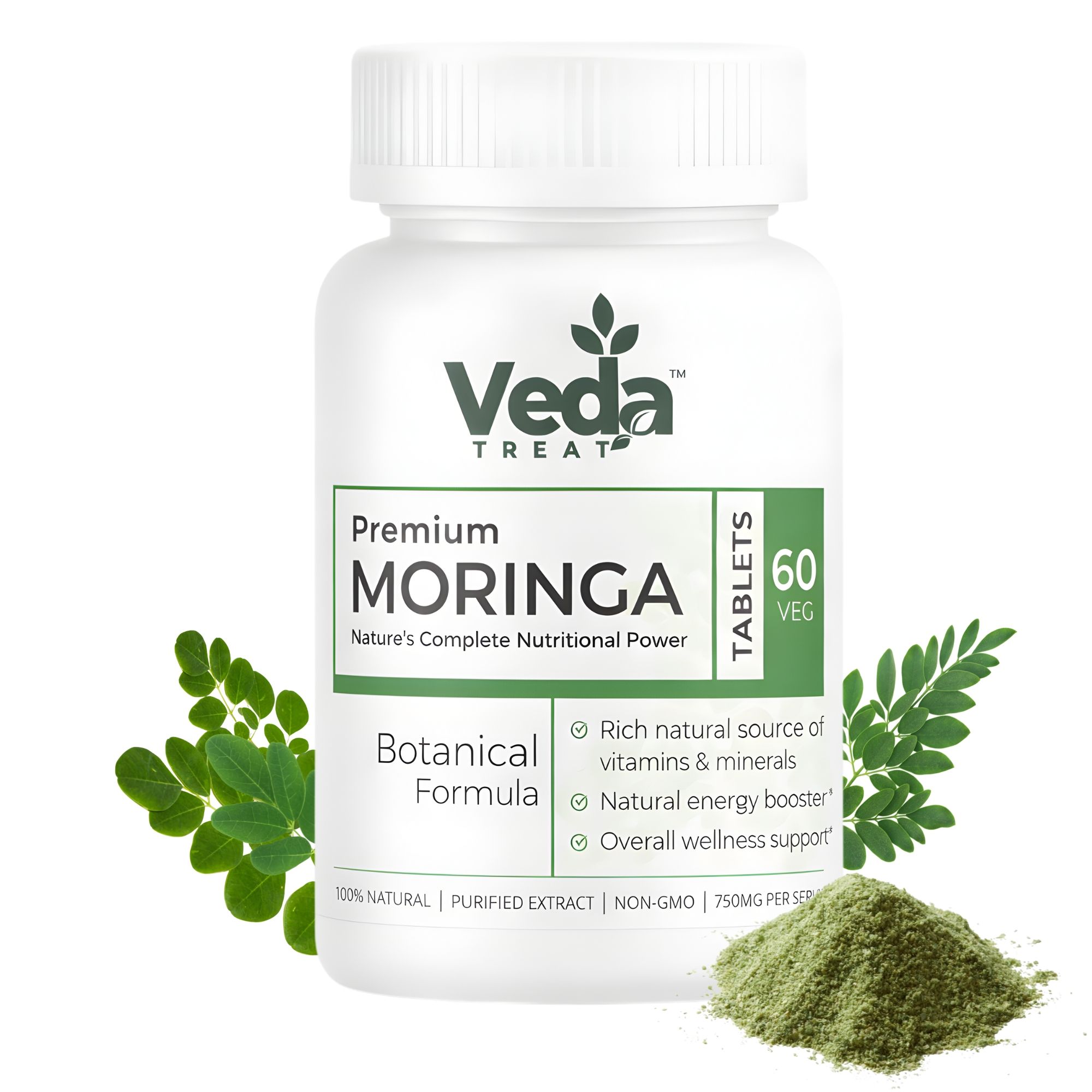 VedaTreat Premium Moringa Tablets 750mg | Rich in Natural Vitamins & Minerals | 60 Veg Tablets for Daily Nutrition & Wellness