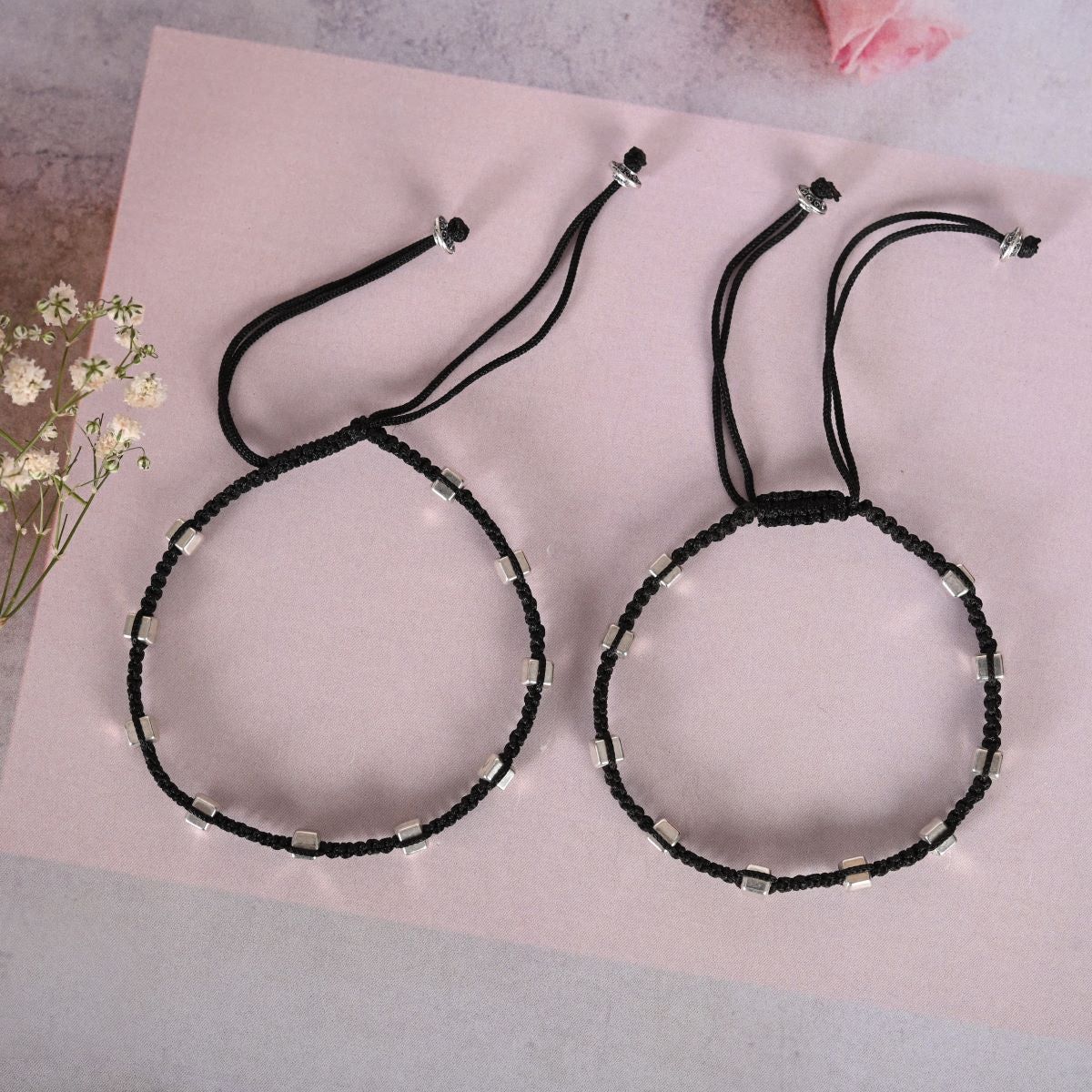 NVR Silver Beaded Black Anklets