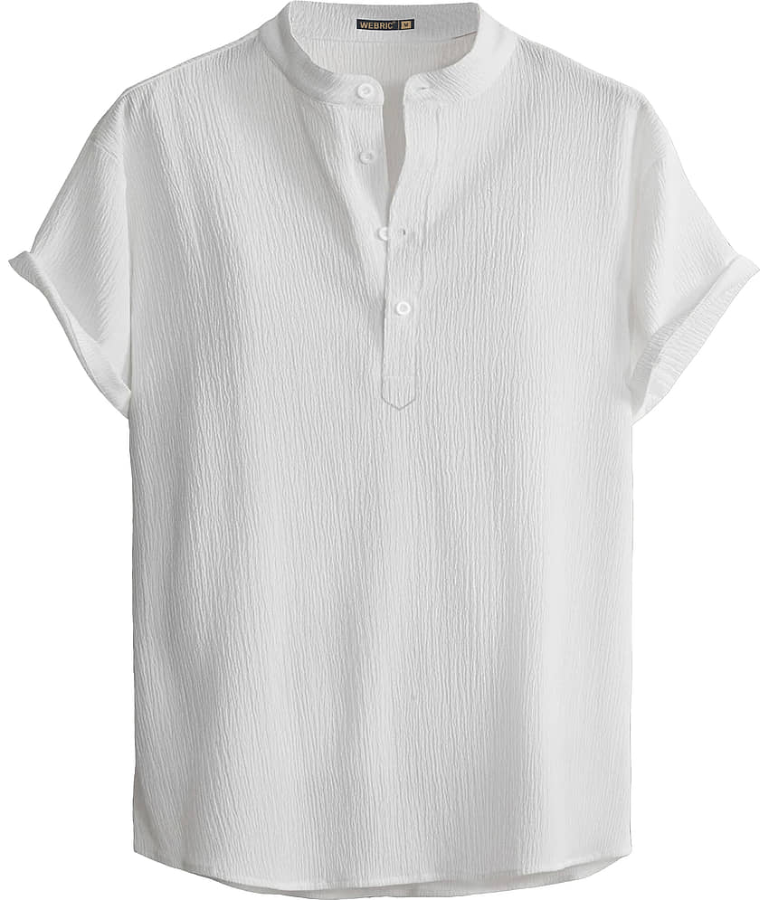 WEBRIC Polyester Plain Shirt Style Kurta For Men ( White )