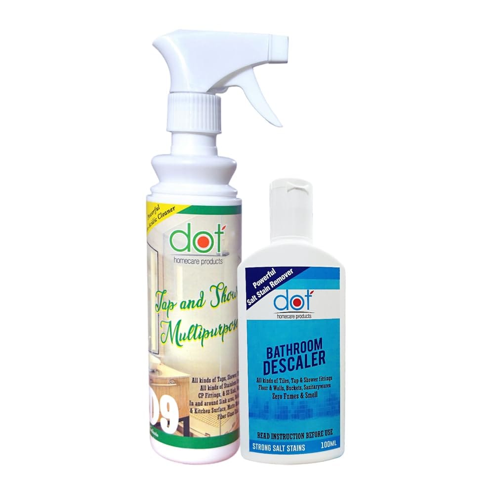DOT Tap, Shower, Kitchen Surface, Mirror 250ml, Bathroom DESCALER 100ml for Heavy Salt Stains | ZERO HCL, Enamel friendly for Branded & Elite fittings - Insect repellent