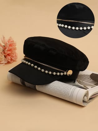 Chain-Lined Satin Bakerboy Cap - Midnight Black-Cap