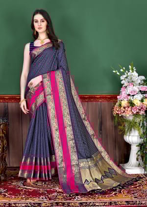 Yavira silk Women's Navy Checked Jacquard Saree