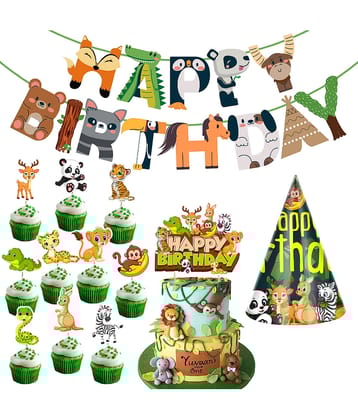 Zyozi Jungle Safari Happy Birthday Decoration Kids,Animal Birthday Banner with Cup Cake Toppers, Cake Topper and Birthday Cap for Boy Birthday 1st 2nd 3rd 16th 18th 21st (Pack of 13)