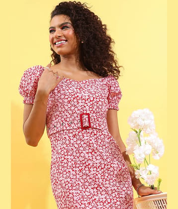Tokyo Talkies Women Cotton Printed Bodycon Dress ( Red )