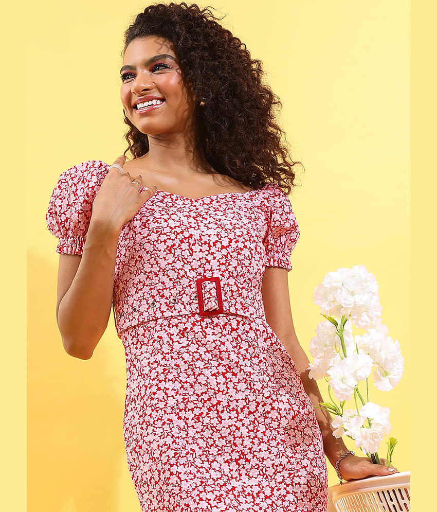 Tokyo Talkies Women Cotton Printed Bodycon Dress ( Red )
