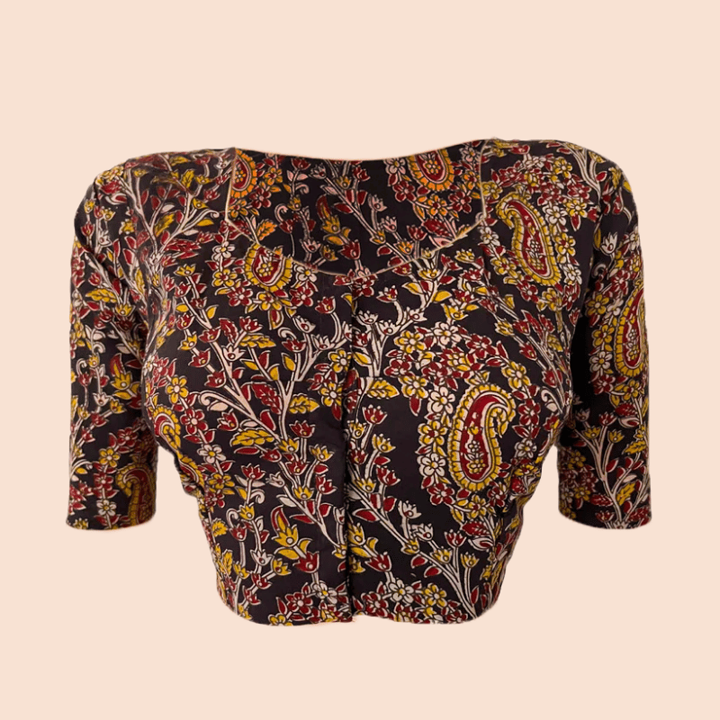 Kalamkari  Cotton  Pot neck Blouse,  Black,  BK1264-XL