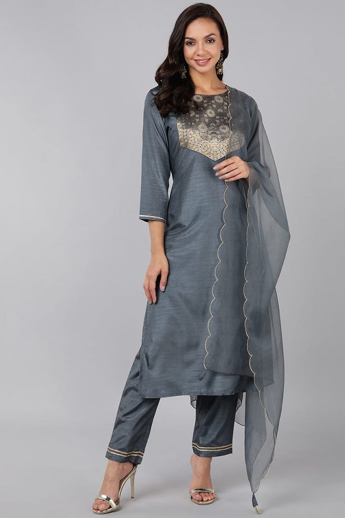 Grey Poly Silk Solid Straight Suit Set PKSKD1322 - Kurtas & Kurta Sets | Buy online on ZillyBuy