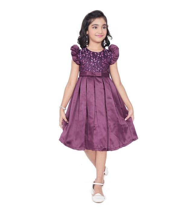 Girl's Satin Printed Sleeve Less Round Neck Dress (Purple, 7-8_Yrs)-PID63831
