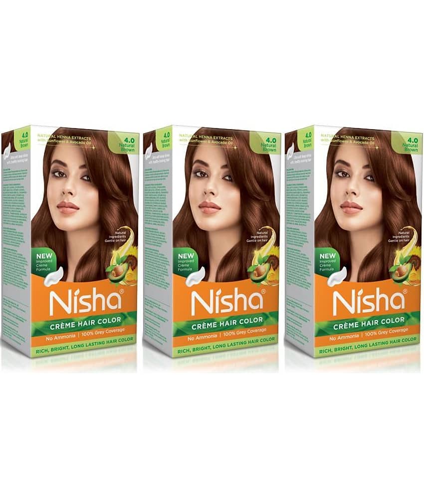 Nisha Creme Hair Color 4.0 Natural Brown 120g Pack of 3, Permanent Hair Colour, No Ammonia, 100% Grey Coverage
